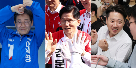 왼쪽부터 이재명 더불어민주당 대선 후보, 김문수 국민의힘 대선 후보, 이준석 개혁신당 대선 후보. 연합뉴스.